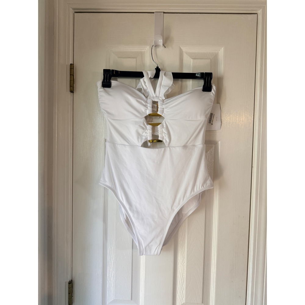 Soluna Swim Womens White One Piece Halter Cutout Gold Ring Swimsuit XL
